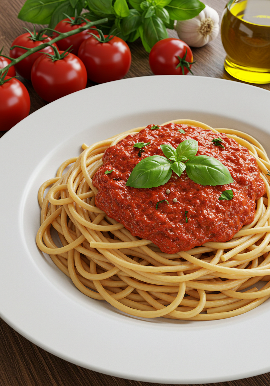 Espaguetis con Salsa de Tomate Fresco y Albahaca móvil